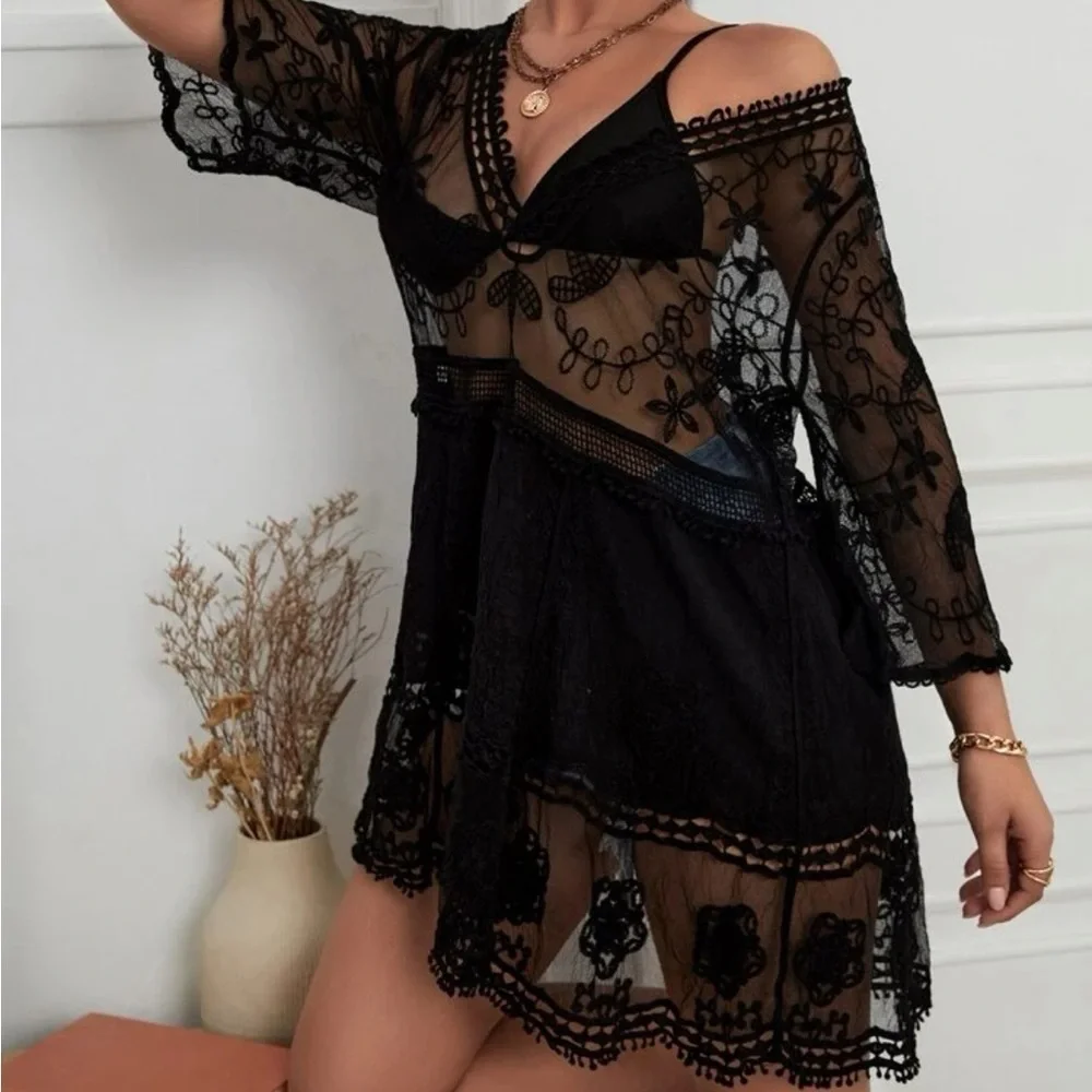 Bohemian Embroidered Floral Lace Sheer Mesh Top Swimsuit Coverup - Picture 1 of 8